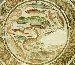 Detalle de peces, Las Cuatro Estaciones, del mosaico de Vega Baja de Roman